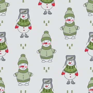 Seamless vector pattern. Cute snowmans, fir trees Stock Illustration