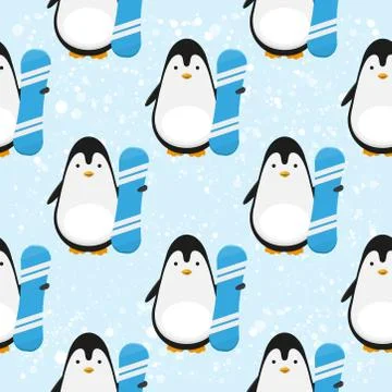Seamless vector pattern with Cute sport Penguin With Blue Snowboard on snowy  Stock Illustration