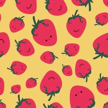Seamless vector pattern with cute strawberries on a yellow background Illustrazione stock