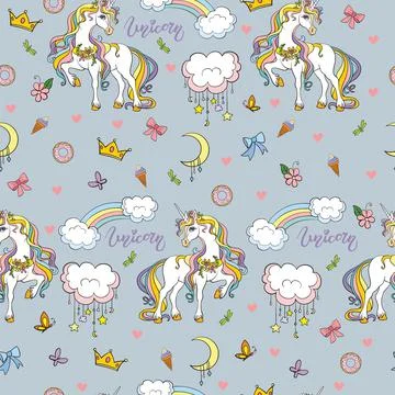 Seamless vector pattern cute unicorn gray color Illustrazione stock