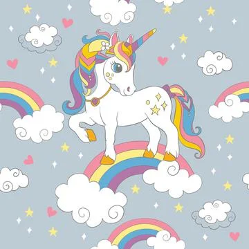Seamless vector pattern with cute unicorn standing on a rainbow Stock Illustration