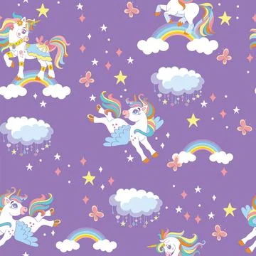 Seamless vector pattern cute unicorns in sky purple Stockillustratie