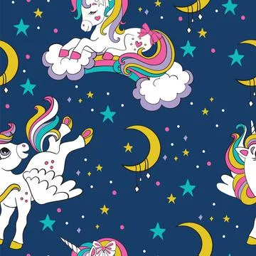 Seamless vector pattern cute unicorns in sky colorful Stockillustratie