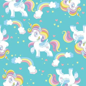 Seamless vector pattern with cute unicorns turquoise Stock Illustration