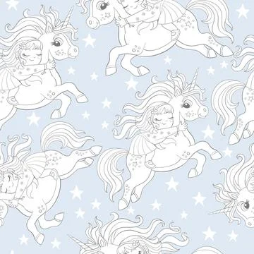 Seamless vector pattern with cute unicorns and stars on blue Illustrazione stock