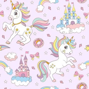 Seamless vector pattern with cute unicorns and elements pink イラスト素材