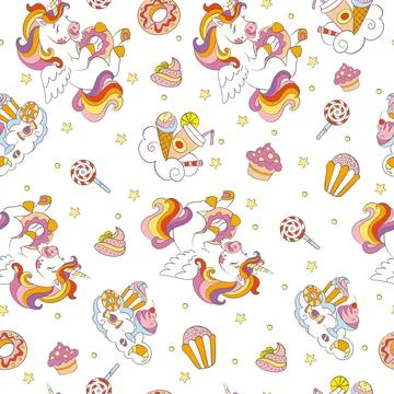 Seamless vector pattern with cute unicorns and sweets on white Stock Illustration