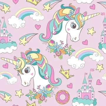Seamless vector pattern with cute unicorns heads and elements pink Illustrazione stock