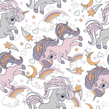Seamless vector pattern cute unicorns and cosmic elements Stock Illustration