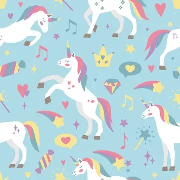 Seamless vector pattern with cute unicorns on a floral background. Ideal for Illustrazione stock