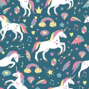 Seamless vector pattern with cute unicorns on a floral background. Ideal for Illustrazione stock