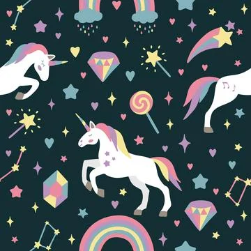Seamless vector pattern with cute unicorns on a floral background. Ideal for 스톡 일러스트