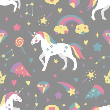 Seamless vector pattern with cute unicorns on a floral background. Ideal for Stock Illustration