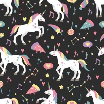 Seamless vector pattern with cute unicorns on a floral background. Ideal for Stock Illustration