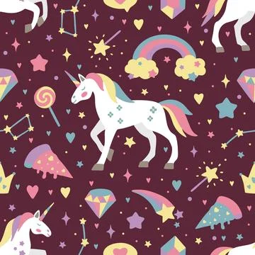 Seamless vector pattern with cute unicorns on a floral background. Ideal for Illustrazione stock