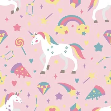 Seamless vector pattern with cute unicorns on a floral background. Ideal for Stock Illustration