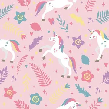 Seamless vector pattern with cute unicorns on a floral background. Ideal for Stock Illustration