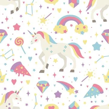 Seamless vector pattern with cute unicorns on a floral background. Ideal for Stock Illustration