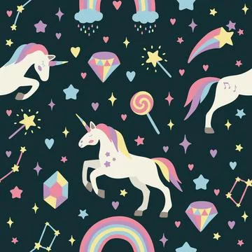 Seamless vector pattern with cute unicorns on a floral background. Ideal for Stock Illustration