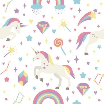 Seamless vector pattern with cute unicorns on a floral background. Ideal for Stock Illustration