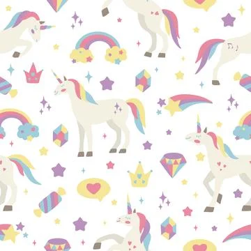 Seamless vector pattern with cute unicorns on a floral background. Ideal for Stock Illustration