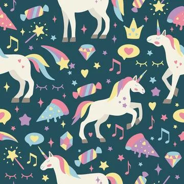 Seamless vector pattern with cute unicorns on a floral background. Ideal for 스톡 일러스트