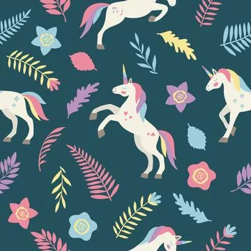 Seamless vector pattern with cute unicorns on a floral background. Ideal for Illustrazione stock