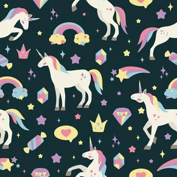 Seamless vector pattern with cute unicorns on a floral background. Ideal for 스톡 일러스트