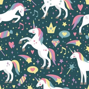 Seamless vector pattern with cute unicorns on a floral background. Ideal for Illustrazione stock