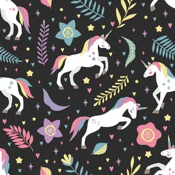 Seamless vector pattern with cute unicorns on a floral background. Ideal for Illustrazione stock