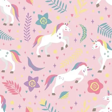 Seamless vector pattern with cute unicorns on a floral background. Ideal for 스톡 일러스트