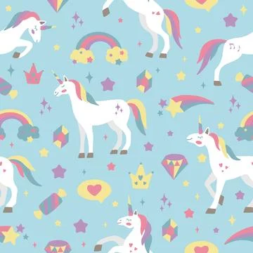 Seamless vector pattern with cute unicorns on a floral background. Ideal for イラスト素材