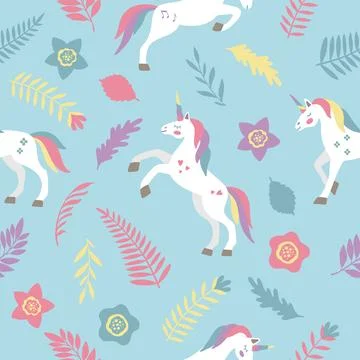 Seamless vector pattern with cute unicorns on a floral background. Ideal for イラスト素材