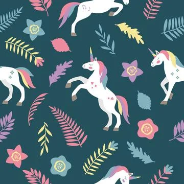 Seamless vector pattern with cute unicorns on a floral background. Ideal for Illustrazione stock