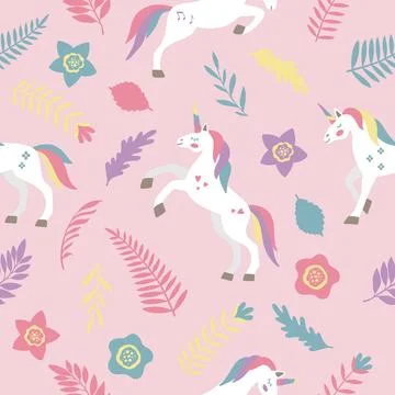 Seamless vector pattern with cute unicorns on a floral background. Ideal for Illustrazione stock