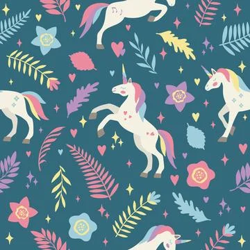 Seamless vector pattern with cute unicorns on a floral background. Ideal for Illustrazione stock