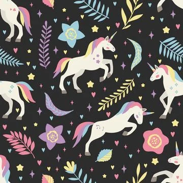 Seamless vector pattern with cute unicorns on a floral background. Ideal for Stock Illustration