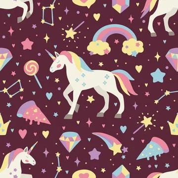 Seamless vector pattern with cute unicorns on a floral background. Ideal for Stock Illustration