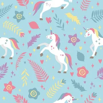 Seamless vector pattern with cute unicorns on a floral background. Ideal for Illustrazione stock