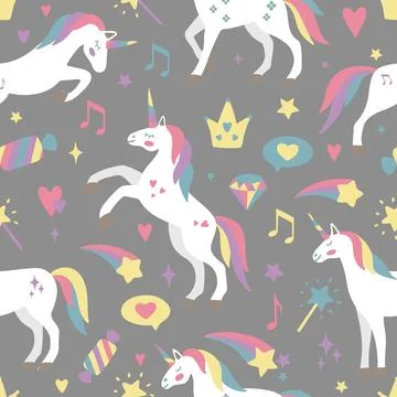 Seamless vector pattern with cute unicorns on a floral background. Ideal for Illustrazione stock