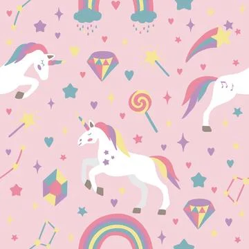 Seamless vector pattern with cute unicorns on a floral background. Ideal for Illustrazione stock