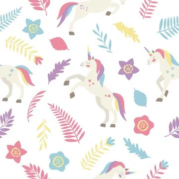 Seamless vector pattern with cute unicorns on a floral background. Ideal for Illustrazione stock
