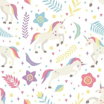Seamless vector pattern with cute unicorns on a floral background. Ideal for 스톡 일러스트