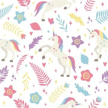 Seamless vector pattern with cute unicorns on a floral background. Ideal for Stock Illustration