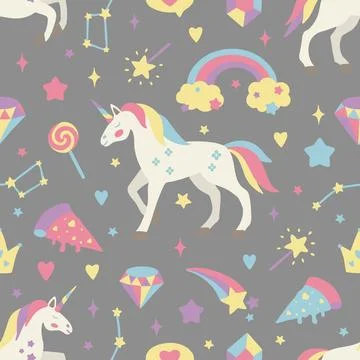 Seamless vector pattern with cute unicorns on a floral background. Ideal for Illustrazione stock