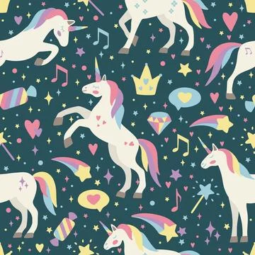 Seamless vector pattern with cute unicorns on a floral background. Ideal for Stock Illustration