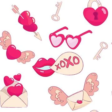 Seamless vector pattern with cute Valentine s Day elements including hearts Stock Illustration