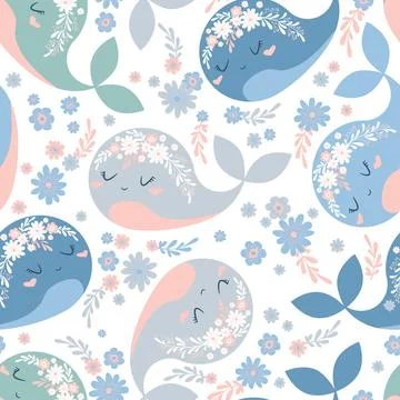 Seamless vector pattern with cute whales, flowers and floral elements isola.. Stock Illustration