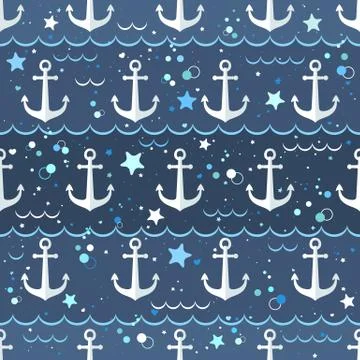Seamless vector pattern with cute white anchor on marine sea background. Desi Stock Illustration
