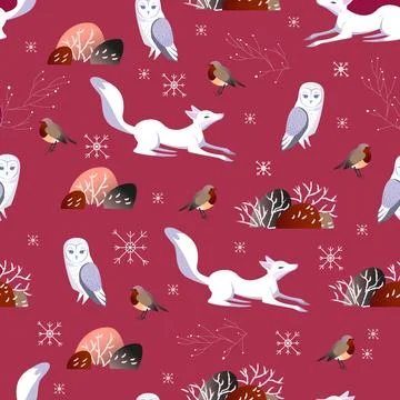 Seamless vector pattern with cute woodland Animals. Happy Fox and Cute Owl... Illustrazione stock